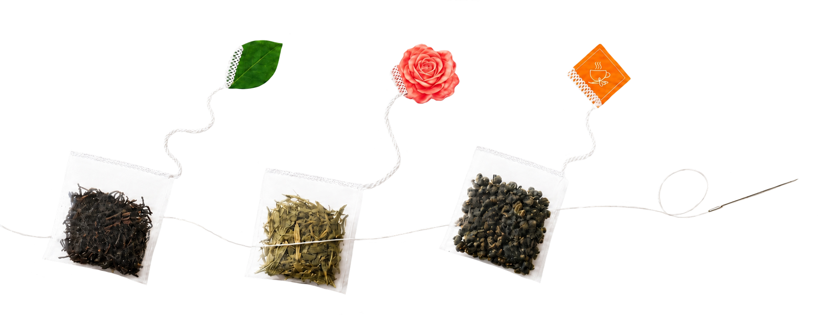 OriaTea premium cotton-stitched tea bags with leaf, rose, and square kraft tags — plastic-free, fully compostable, machine-made since 1995