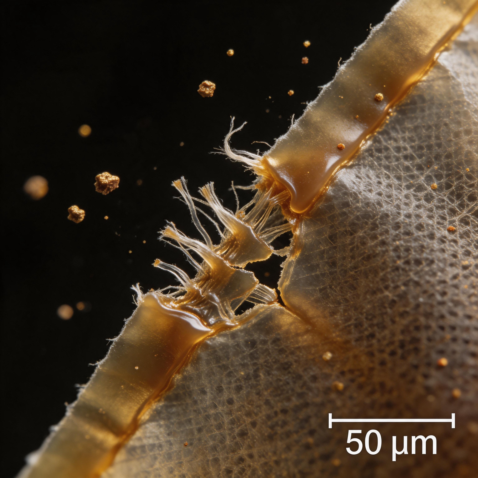 Conventional plastic tea bag adhesive seal tearing under 800x magnification, showing polymer fragments and microplastic shedding