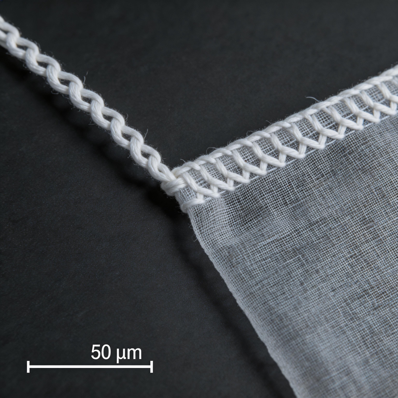 OriaTea cotton-stitched mesh tea bag seal close-up at 800x magnification, plastic-free construction with intact fibers