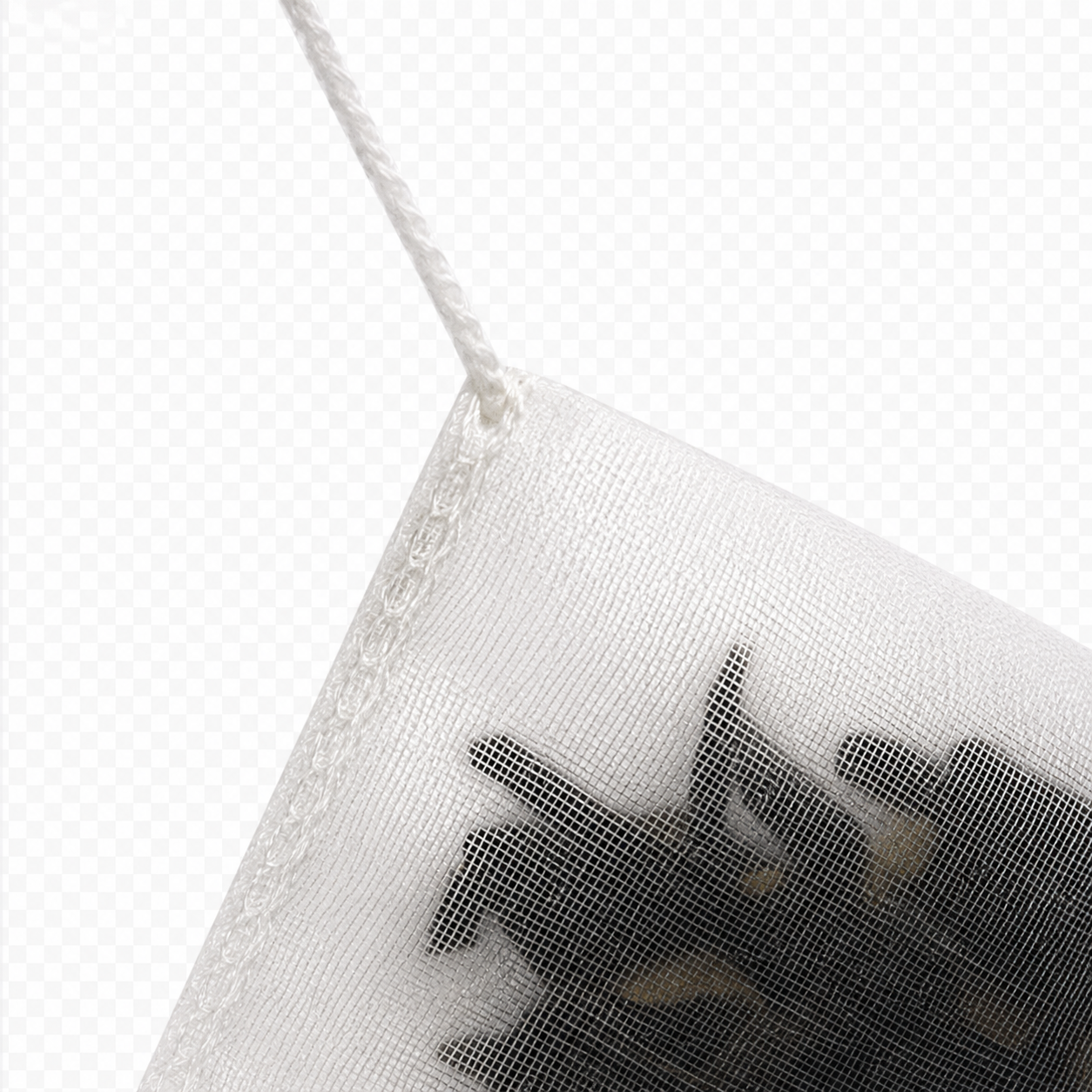 Glue-free cotton-stitched closure detail of OriaTea biodegradable tea bag, cold-process sealed