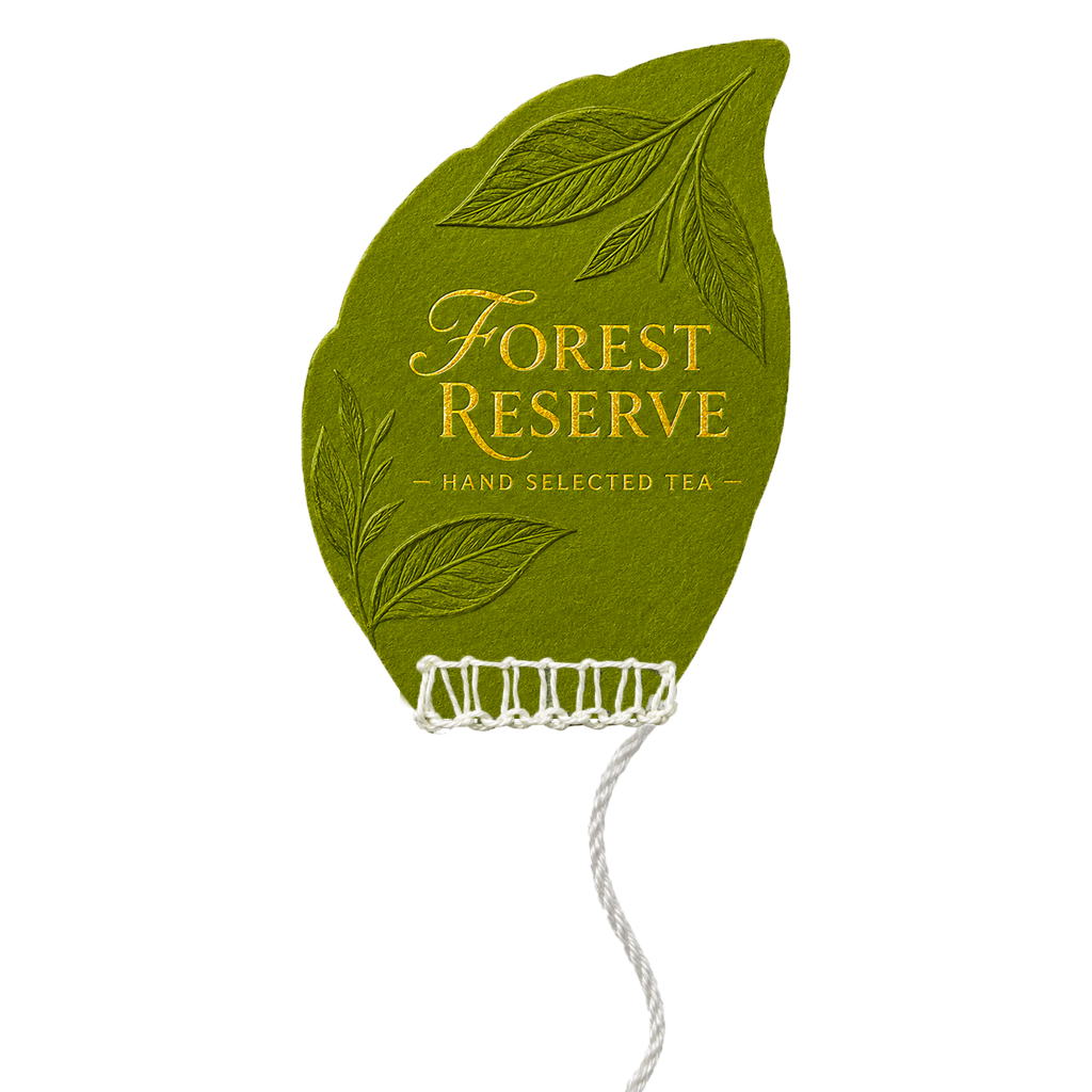 OriaTea custom kraft paper tea tag, leaf die-cut shape with hand-stitched cotton thread, premium green tea Forest Reserve design with gold foil printing