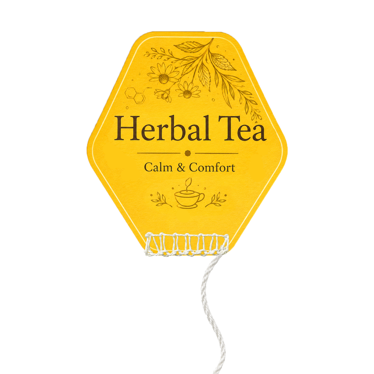 OriaTea custom hexagonal tea bag tag, wellness herbal tea design in honey yellow with hand-stitched cotton closure, food-grade printable paper