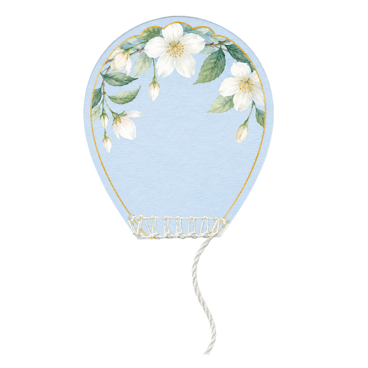 OriaTea arch-shaped tea bag tag with watercolor jasmine flowers in sky blue, light and floral tea design with hand-stitched cotton thread closure