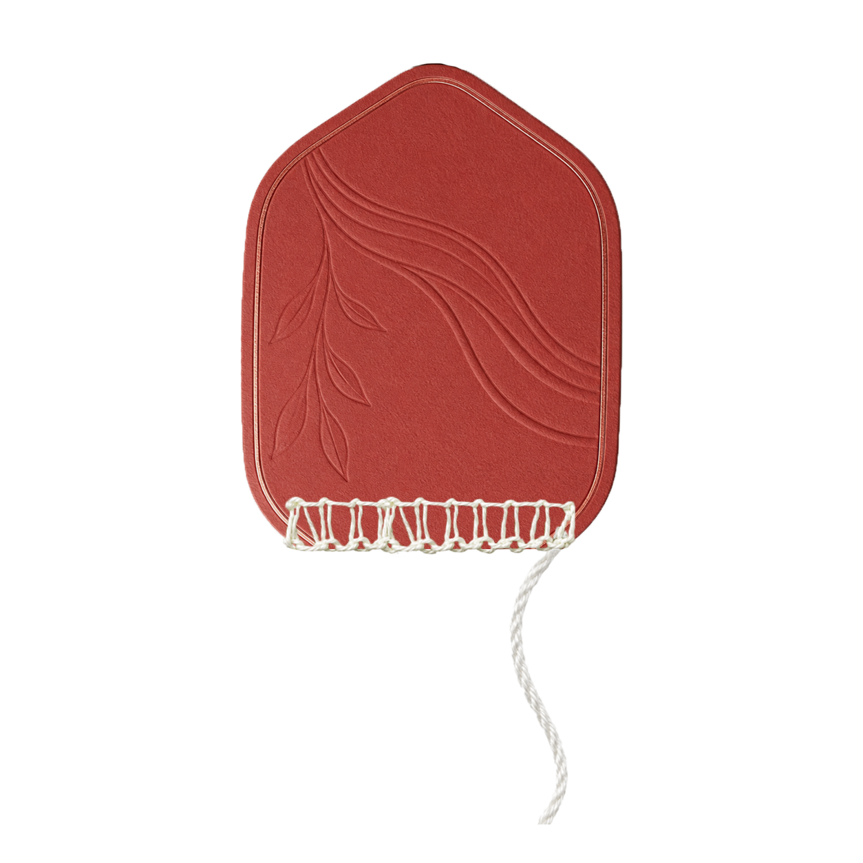 OriaTea shield-shaped premium tea tag in terracotta red with embossed leaf pattern, bold robust tea design with cotton-stitched closure